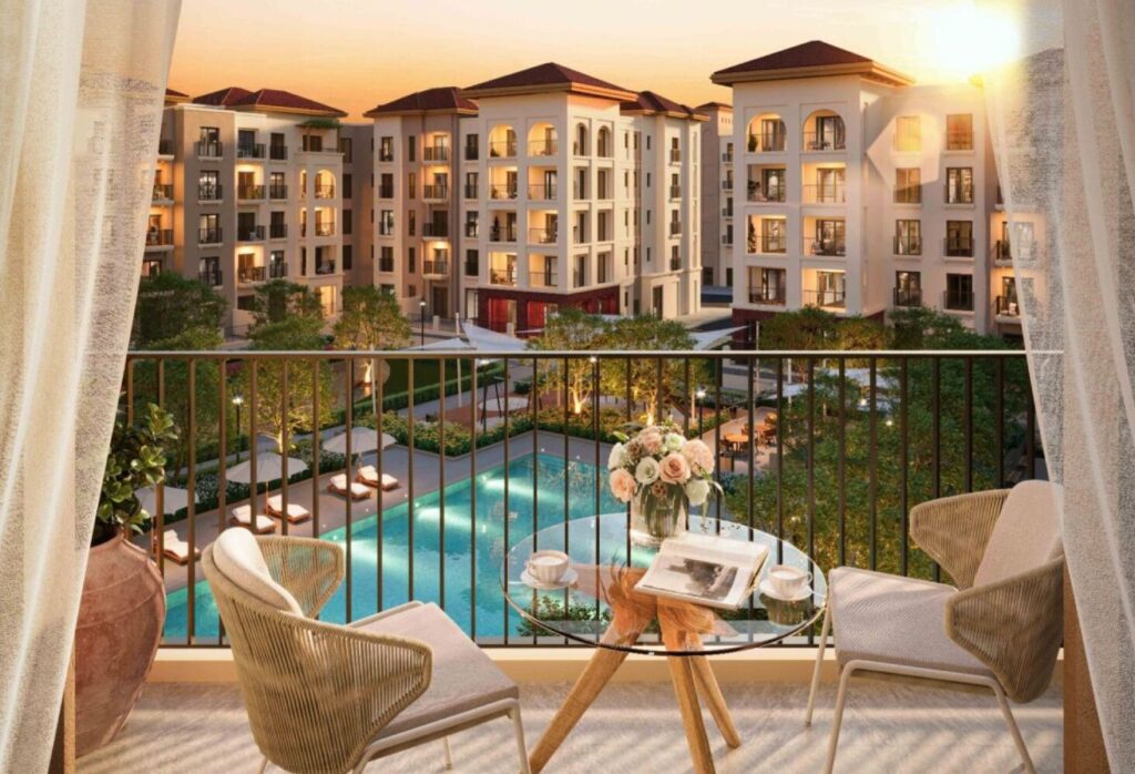 Studio apartment for sale in Bloom Living Granada Zayed City Abu Dhabi with balcony, garden and pool views, modern design, and high RO