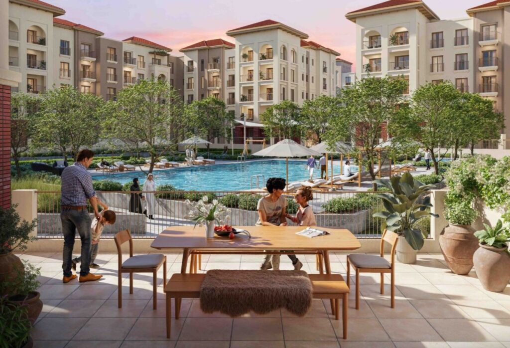 Studio apartment for sale in Bloom Living Granada Zayed City Abu Dhabi with balcony, garden and pool views, modern design, and high RO