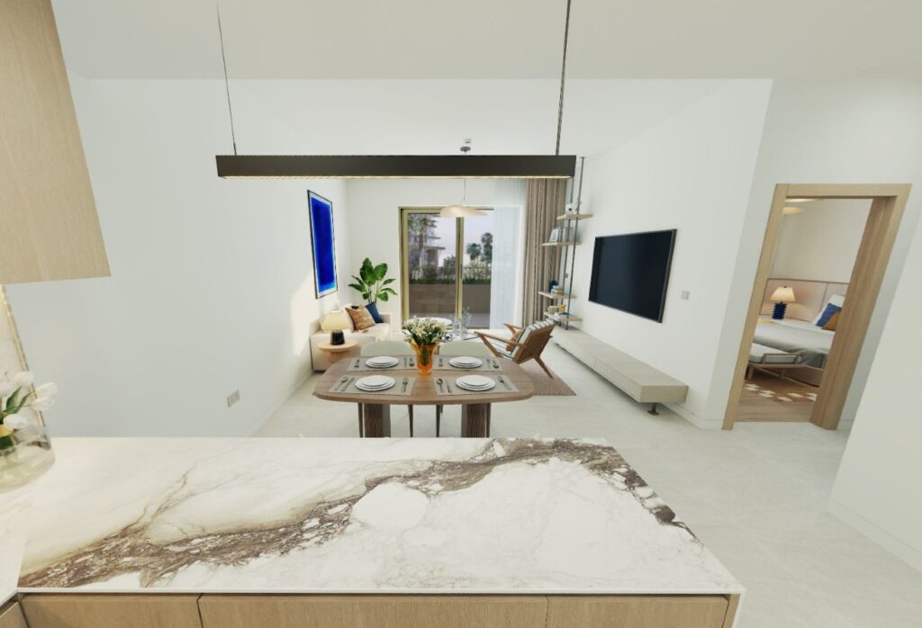 Modern 1BR apartment for sale in The Beach House Fahid Island Abu Dhabi, partial sea view, boutique design, and strong ROI potential