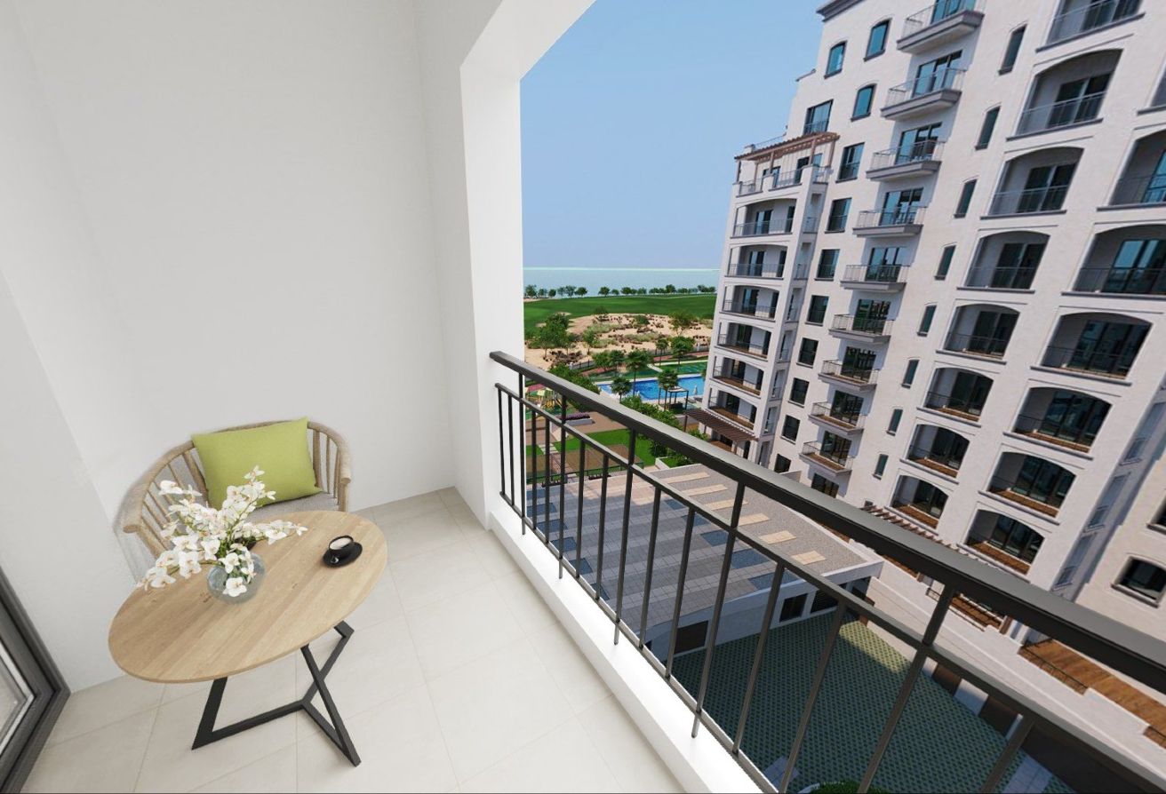 2-bedroom furnished apartment for sale in Views B, Yas Golf Collection, Yas Island Abu Dhabi – golf, pool, and sea views