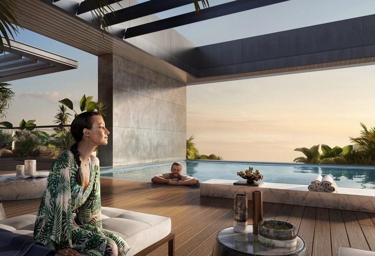 Pool-view studio apartment Grove Uptown Views Saadiyat Grove Abu Dhabi.