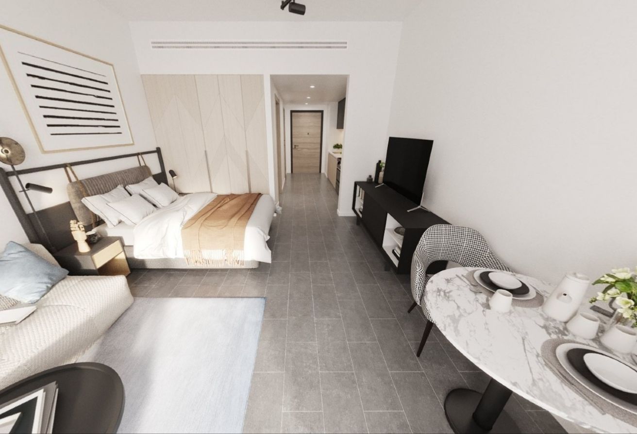 Pool-view studio apartment Grove Uptown Views Saadiyat Grove Abu Dhabi.