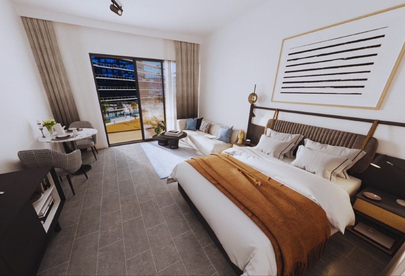 Pool-view studio apartment Grove Uptown Views Saadiyat Grove Abu Dhabi.