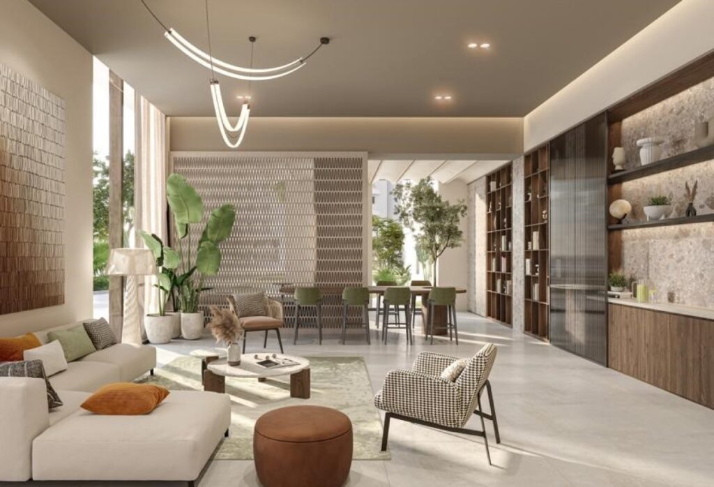 High floor studio apartment with balcony and community views in Gardenia Bay, Yas Island.