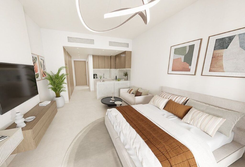 High floor studio apartment with balcony and community views in Gardenia Bay, Yas Island.