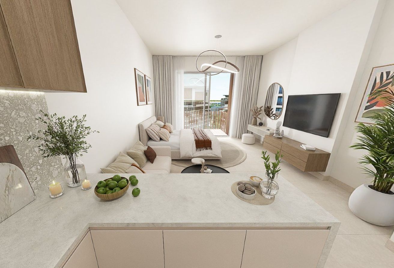 High floor studio apartment with balcony and community views in Gardenia Bay, Yas Island.