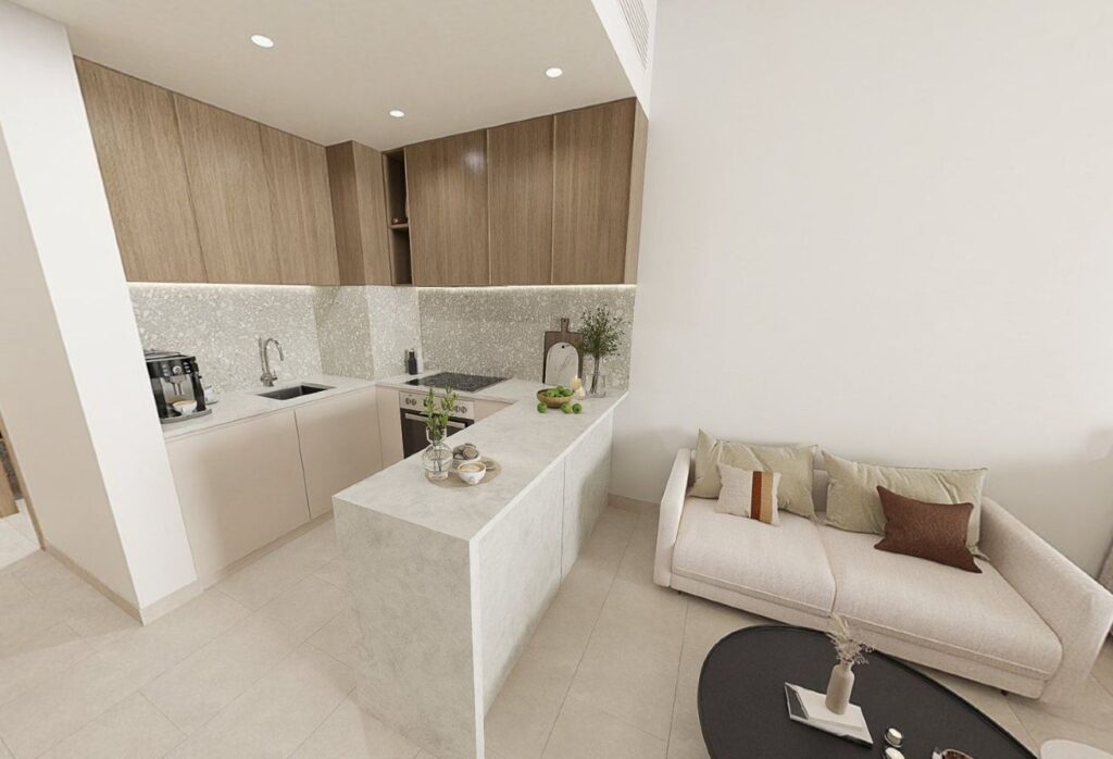 High floor studio apartment with balcony and community views in Gardenia Bay, Yas Island.