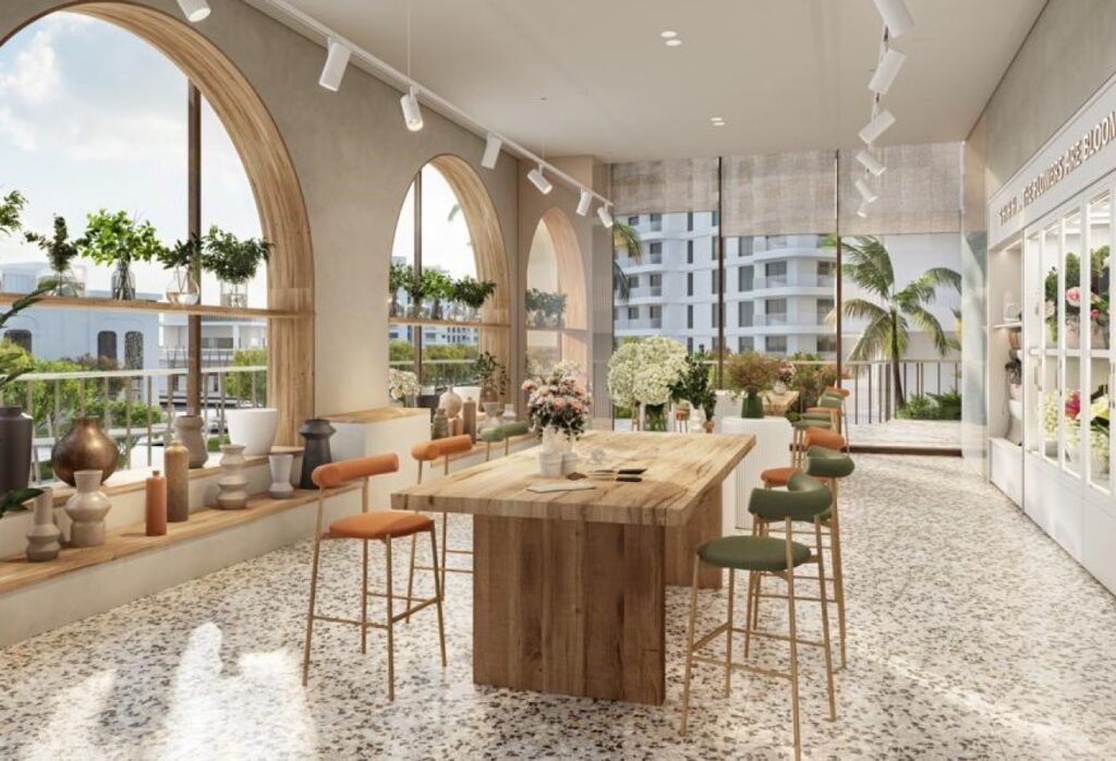 High floor studio apartment with balcony and community views in Gardenia Bay, Yas Island.