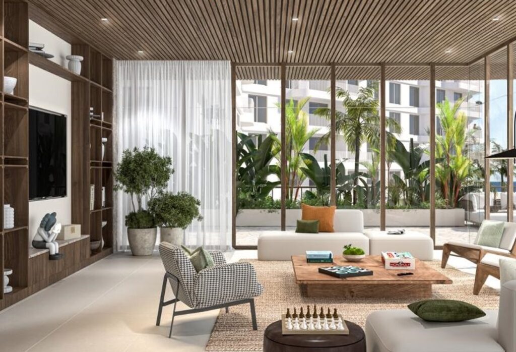 High floor studio apartment with balcony and community views in Gardenia Bay, Yas Island.