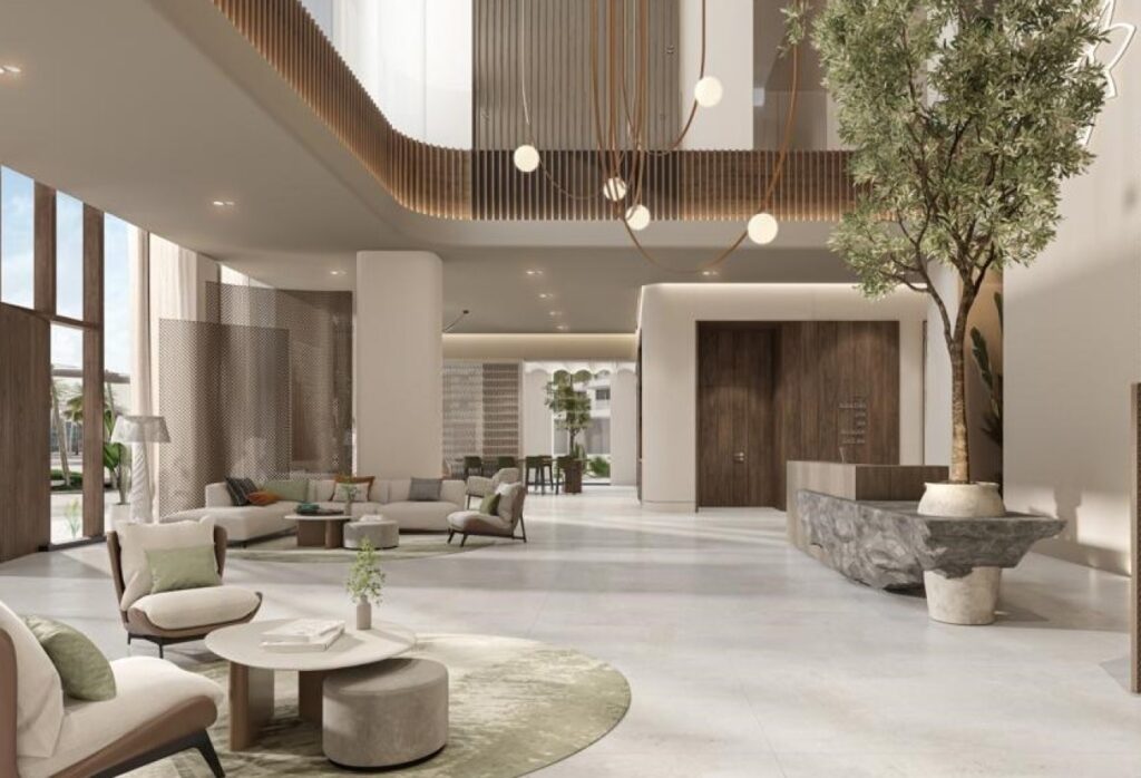 High floor studio apartment with balcony and community views in Gardenia Bay, Yas Island.