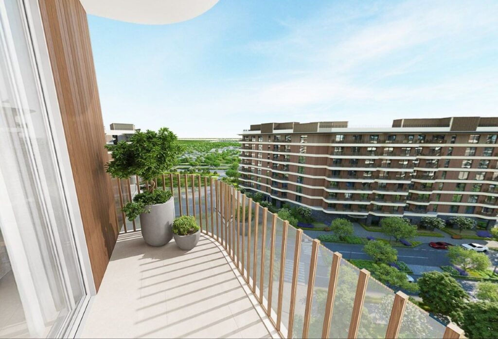 High floor studio apartment with balcony and community views in Gardenia Bay, Yas Island.