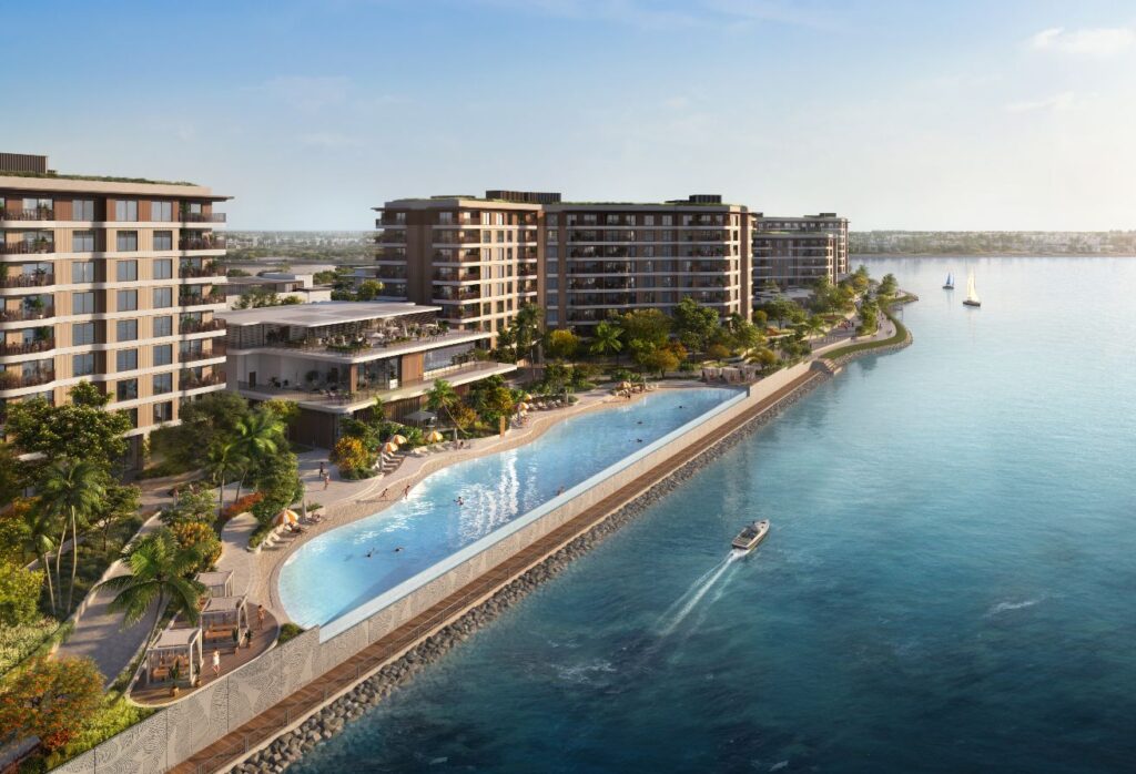 High floor studio apartment with balcony and community views in Gardenia Bay, Yas Island.