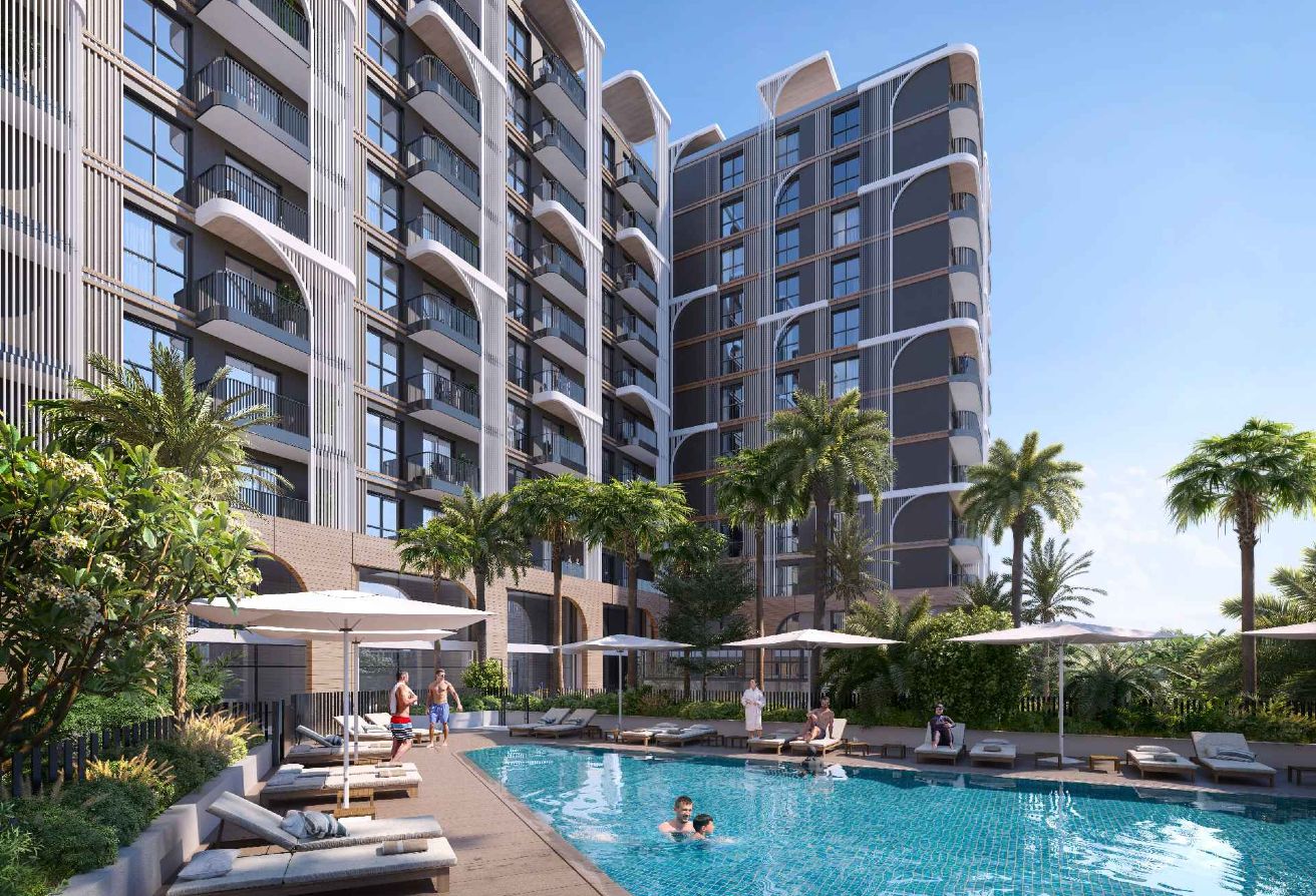 High floor studio apartment with pool and courtyard view in Nouran Living on Saadiyat Island.