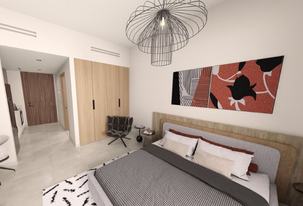 High floor studio apartment with pool and courtyard view in Nouran Living on Saadiyat Island.