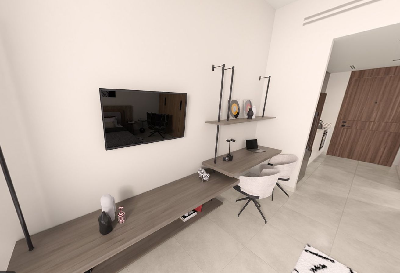 High floor studio apartment with pool and courtyard view in Nouran Living on Saadiyat Island.