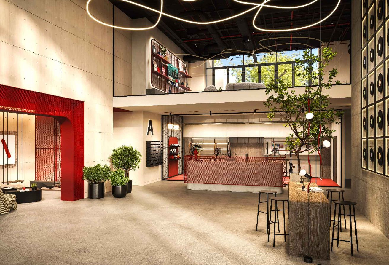 High floor studio apartment with pool and courtyard view in Nouran Living on Saadiyat Island.