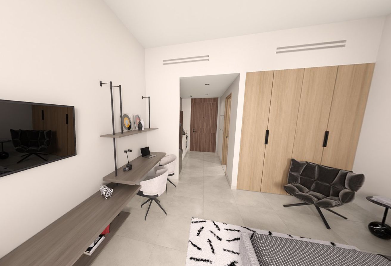 High floor studio apartment with pool and courtyard view in Nouran Living on Saadiyat Island.