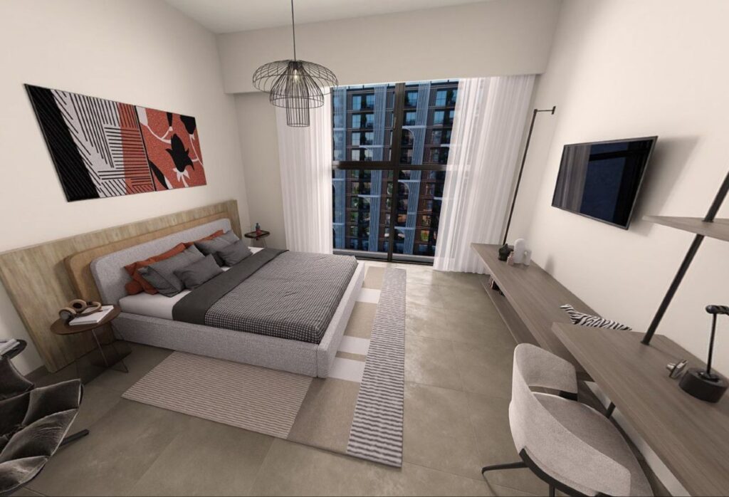 High floor studio apartment with pool and courtyard view in Nouran Living on Saadiyat Island.